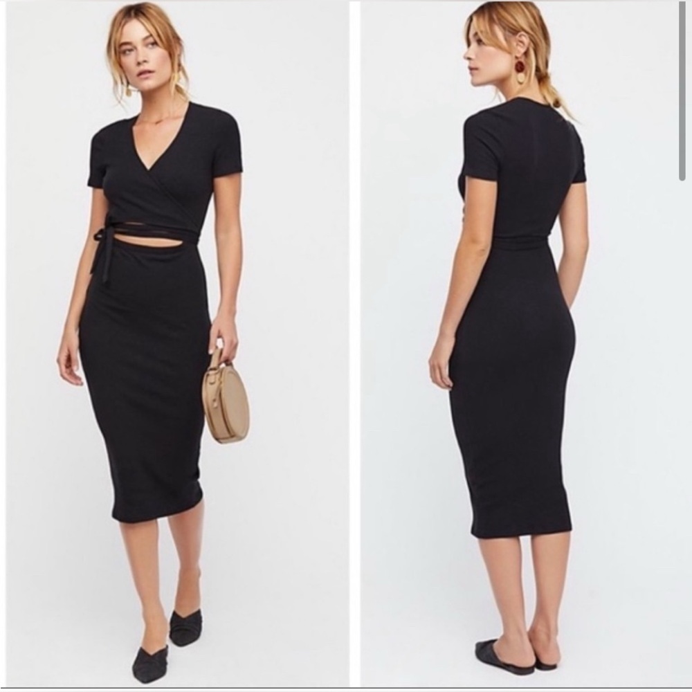 Free People Beach Vroom Vroom Midi Wrap Dress XS Cutout Black Ribbed Resort Wear